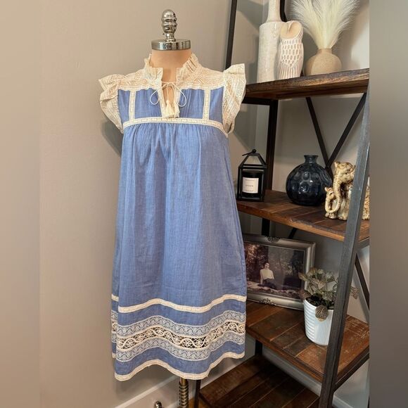 Sea New York Roseanna Chambray Lace Dress in Blue Cotton Women’s SIZE 4 - Picture 1 of 13